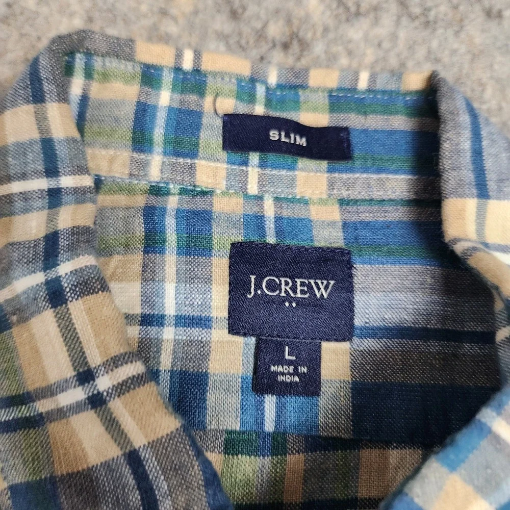 J‎ Crew Linen Blend Shirt Men L Blue Multicolor Scotch Plaid Slim Fit Preppy